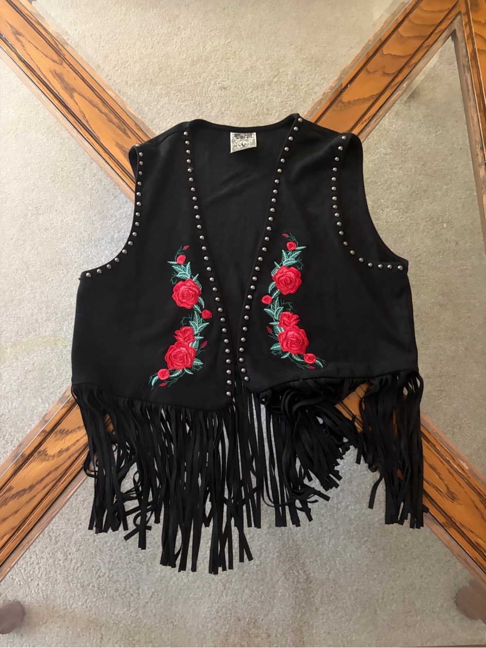 Vocal Black Studded Fringe Vest with Red Rose Embroidery